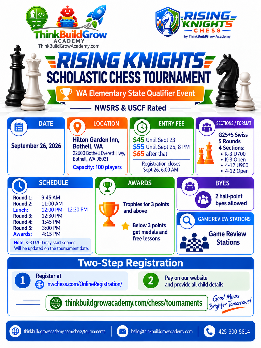 Rising Knights Scholastic Chess Tournament flyer — WA Elementary State Qualifier, September 26, 2026, Hilton Garden Inn Bothell. NWSRS & USCF rated.