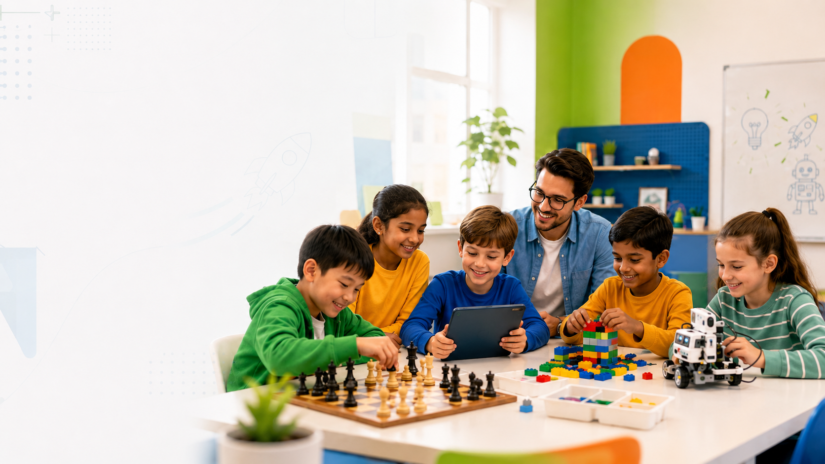 Elementary students enjoying an after school enrichment program with chess, robotics, and LEGO engineering