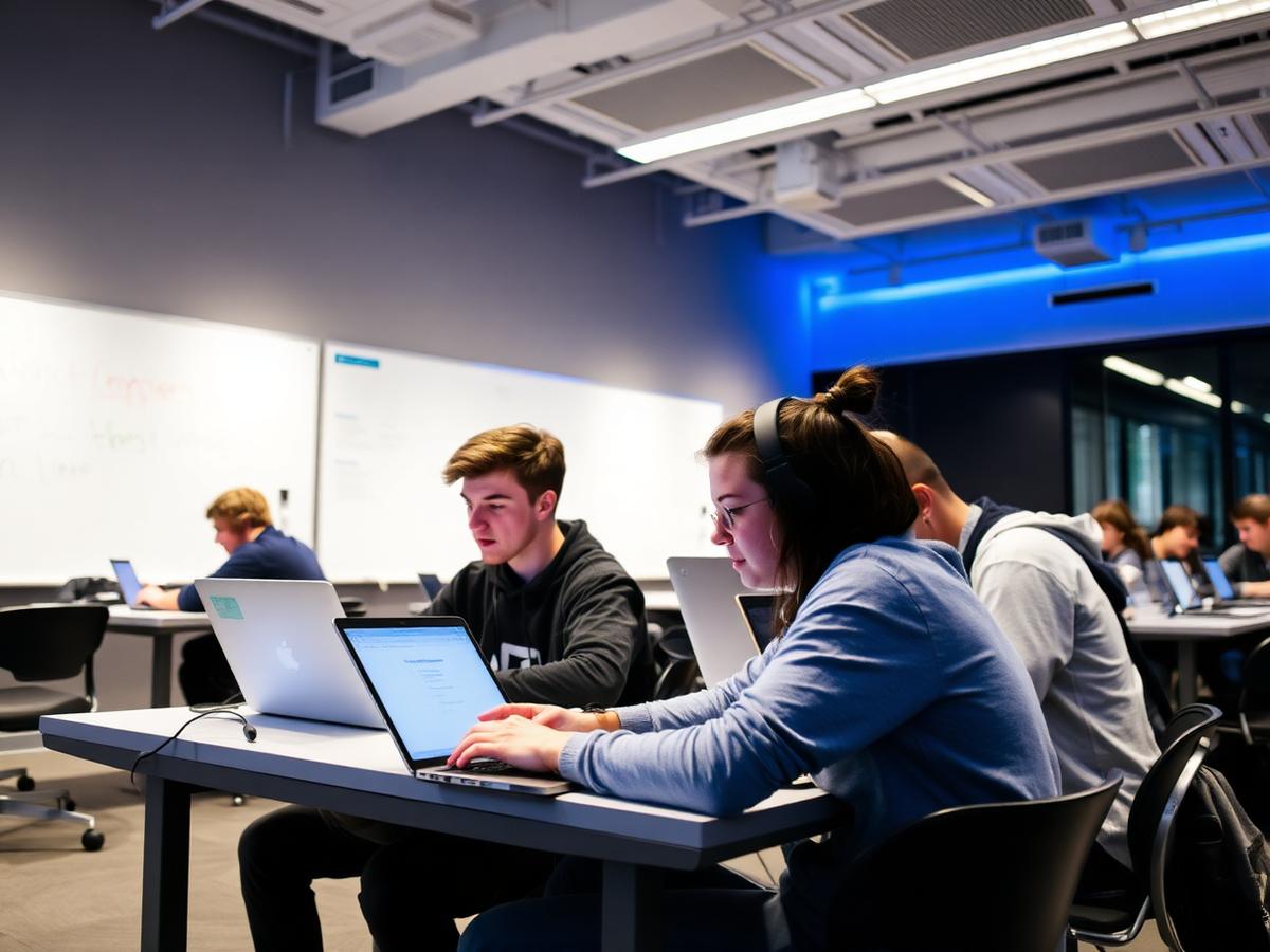 Older students focused on laptops in a modern learning center