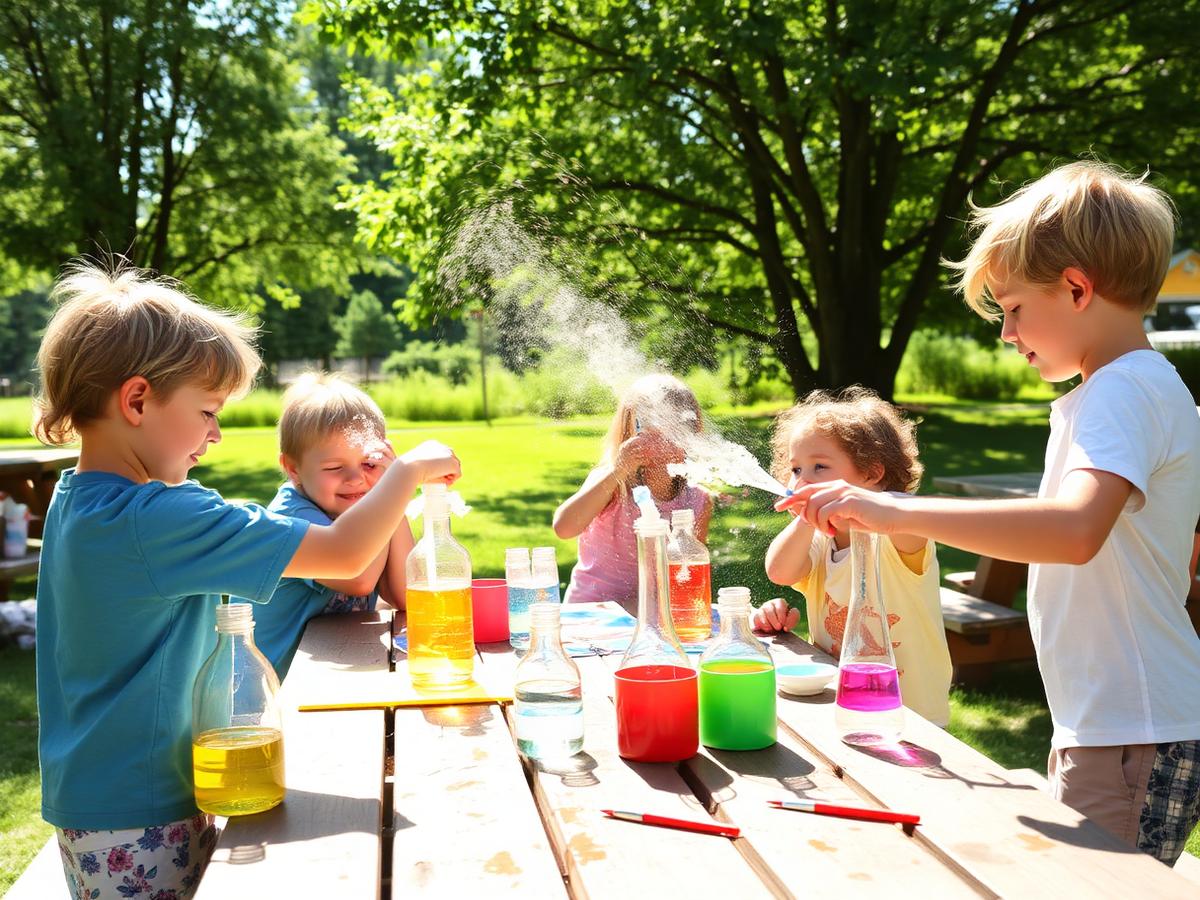 Children doing colorful science experiments at summer camp
