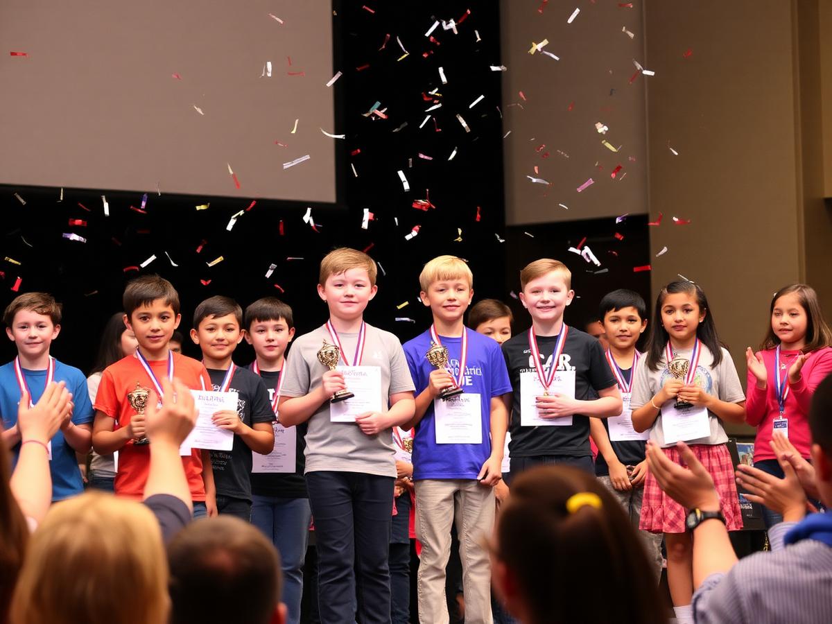 Students on a stage receiving medals and trophies with confetti